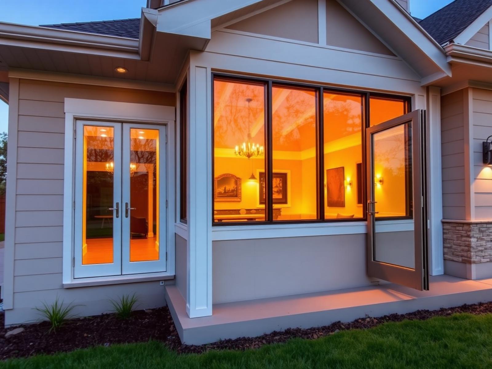 Modern home sunroom addition at golden hour